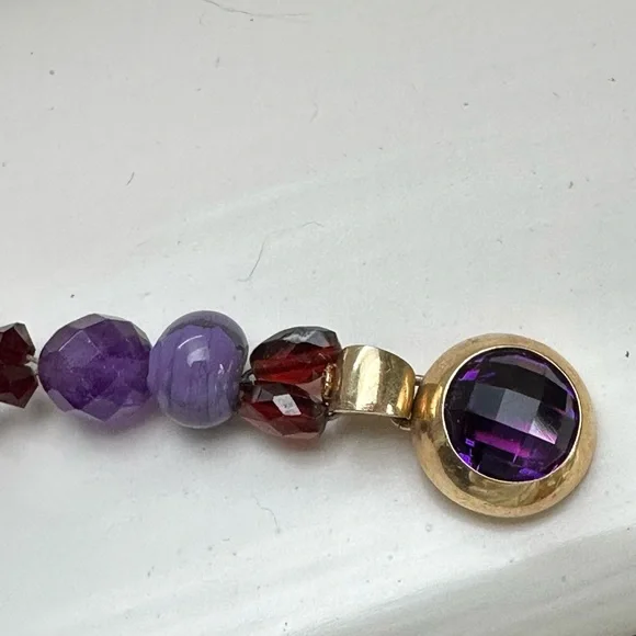 14K Gold Necklace Amethyst Garnet & Jade Beads Vintage Short Lariat Italy